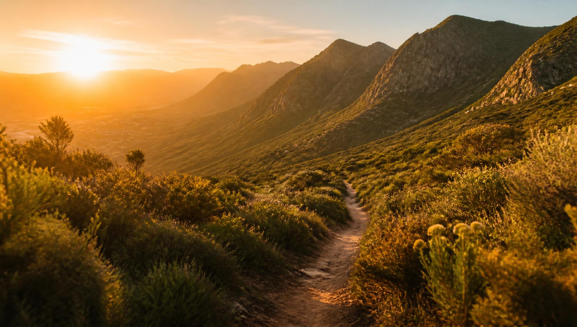 Hiking trail winding through fynbos into the Witzenberg mountains at sunset